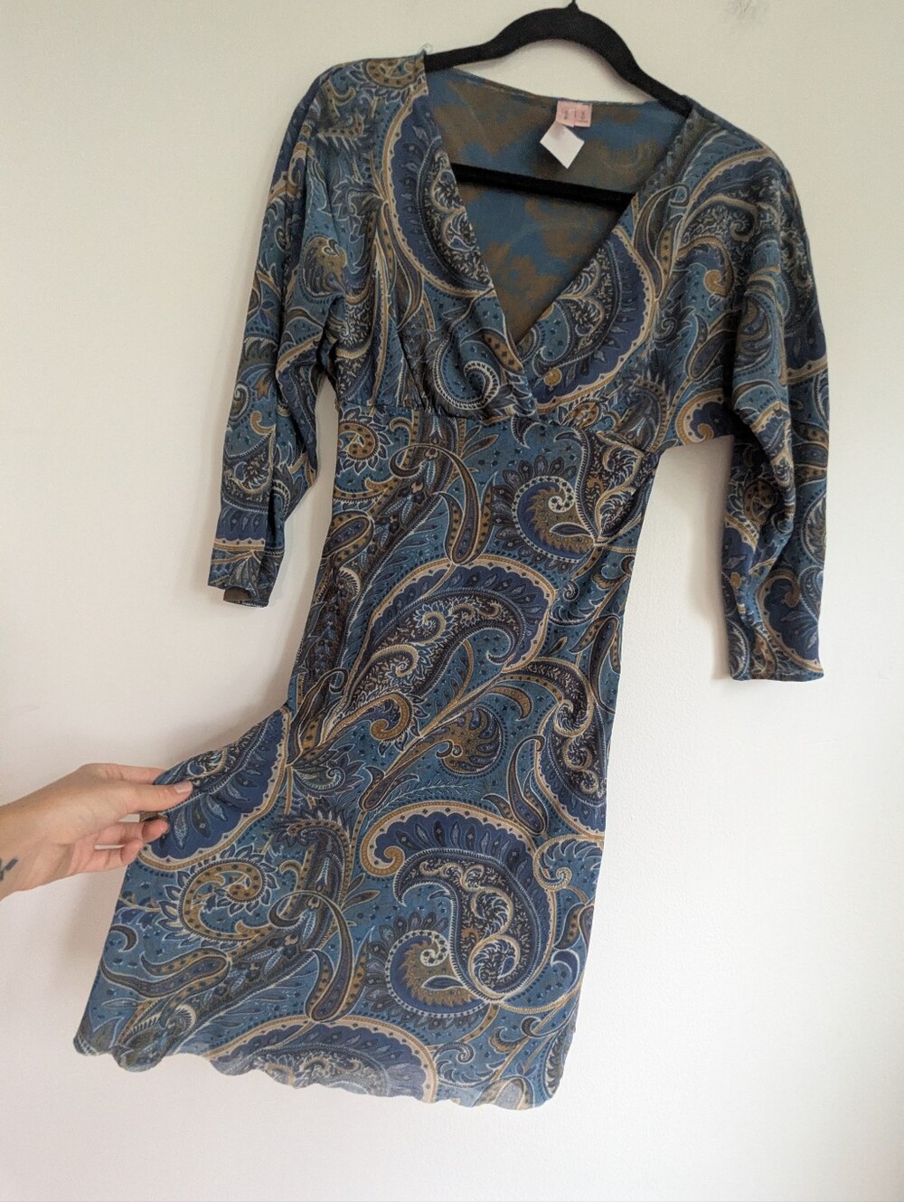 Y2K Mesh Paisley Print V Neck 3/4 Sleeve Mini Dress Blue Earth Tones S